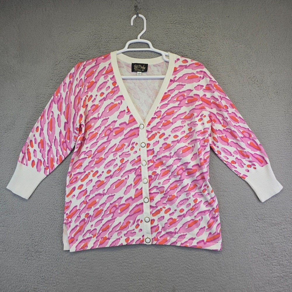 Bob Mackie Cardigan Womens L White Pink Wearable Art Print Side Slit Sweater - Picture 2 of 14